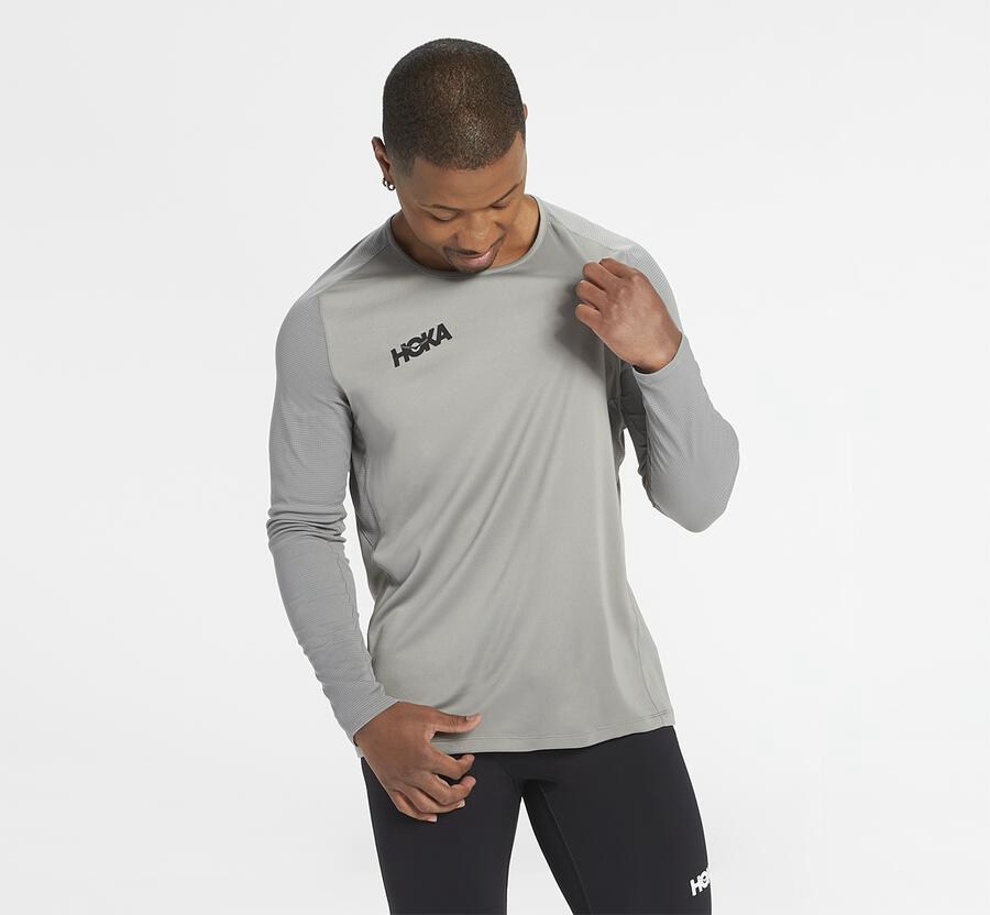 Top Hoka One One Hombre - Performance Largos Sleeve - Gris - RIQ975032